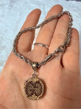 Gucci upcycled Silver-Tone Rope bracelet with Brown Woven Medallion